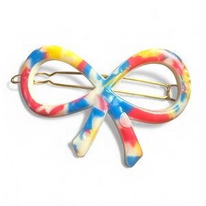 1960’s Vintage French Bow Barrette in Bright Pink Blue, Wire Clasp ,Unworn, 2.5”